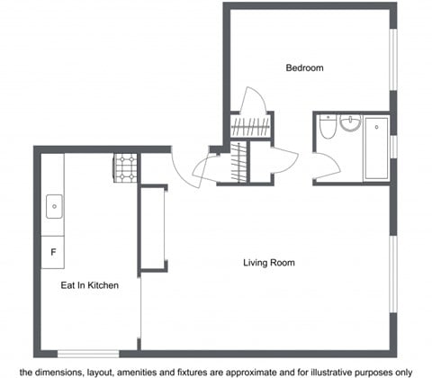 Floor plan for 1 bed, 1 bath, 600 sqft